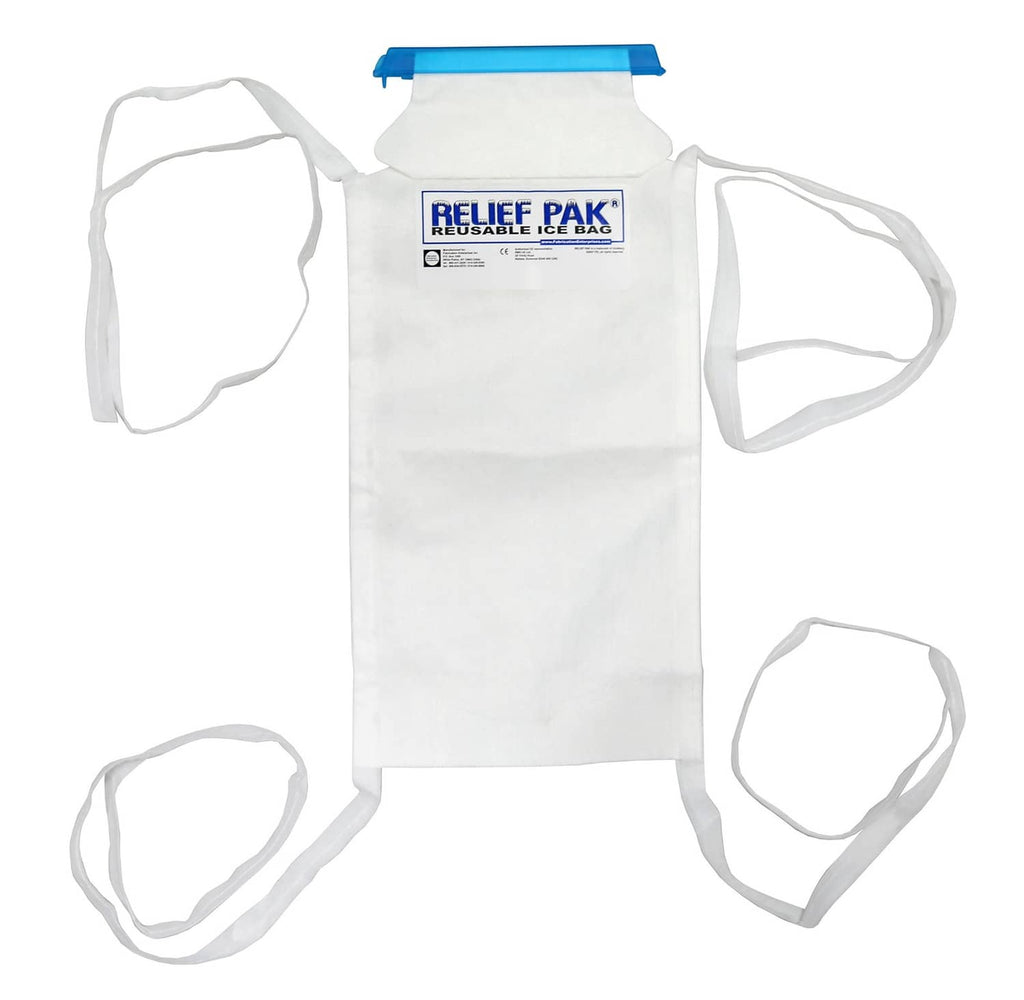 Large insulated ice bag in white with blue top tab and long tie strings