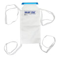 Large insulated ice bag in white with blue top tab and long tie strings
