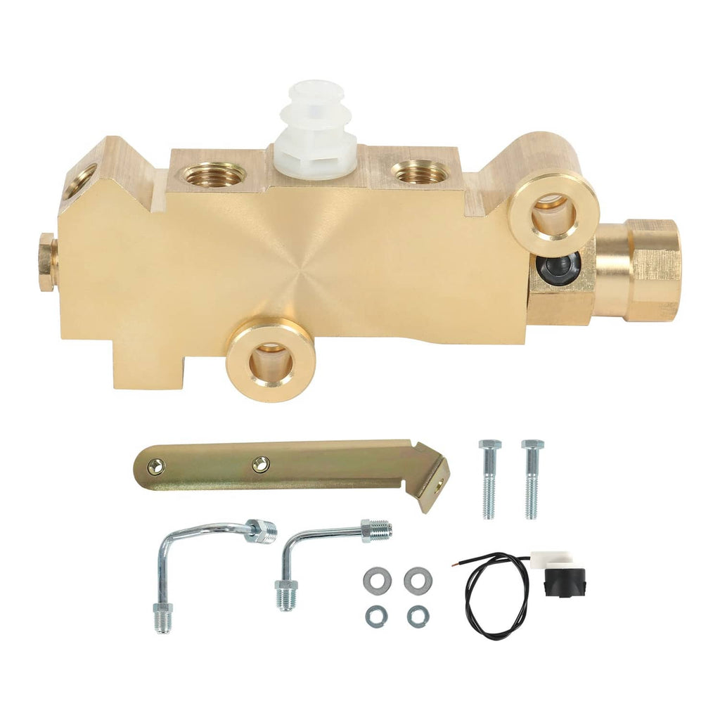 Brass brake proportioning valve with mounting bracket, ports, and white reservoir cap
