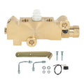 Brass brake proportioning valve with mounting bracket, ports, and white reservoir cap