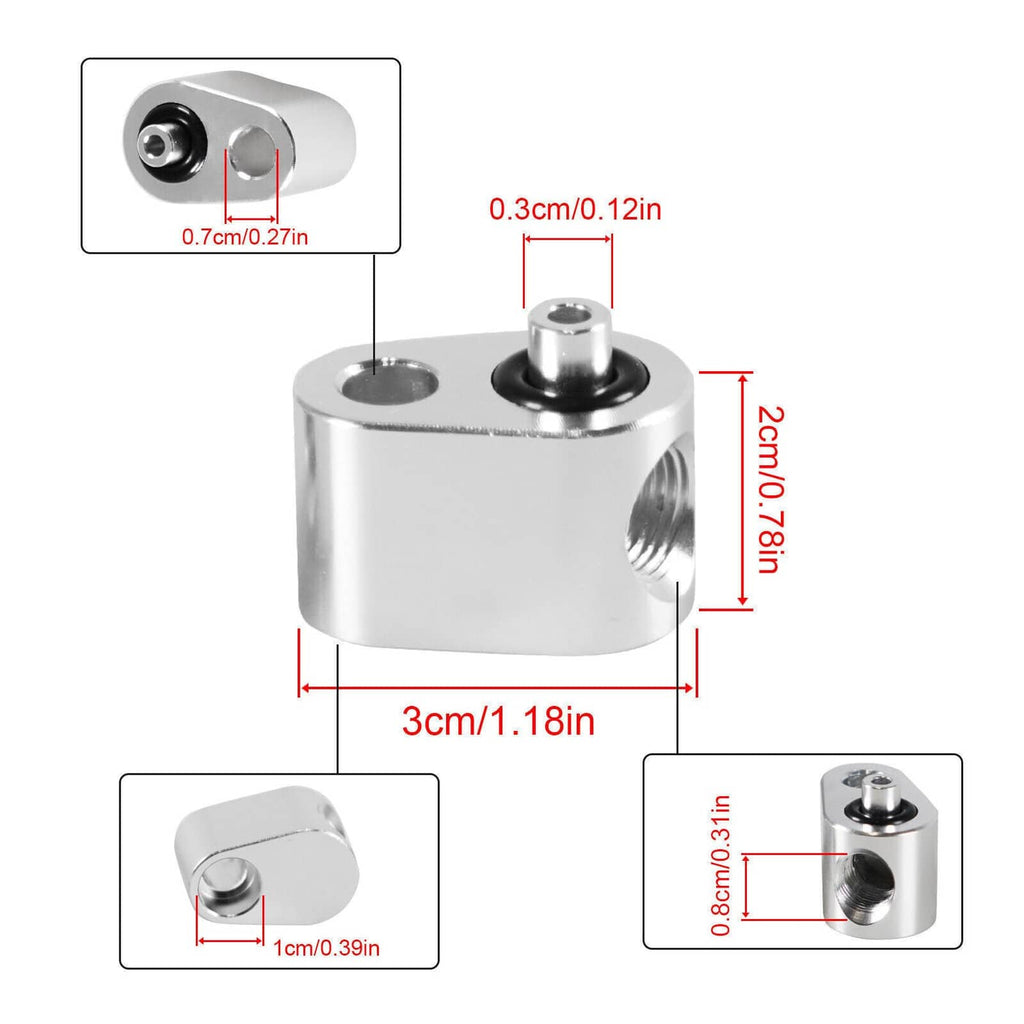 Metal hose crossover block with measurement callouts; 2.8 cm height and 3 cm width