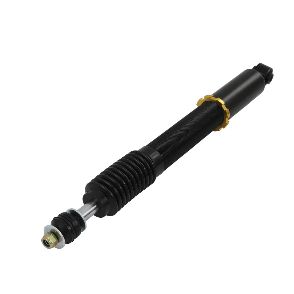 Coilover strut with black body, threaded end rod, and gold ring band