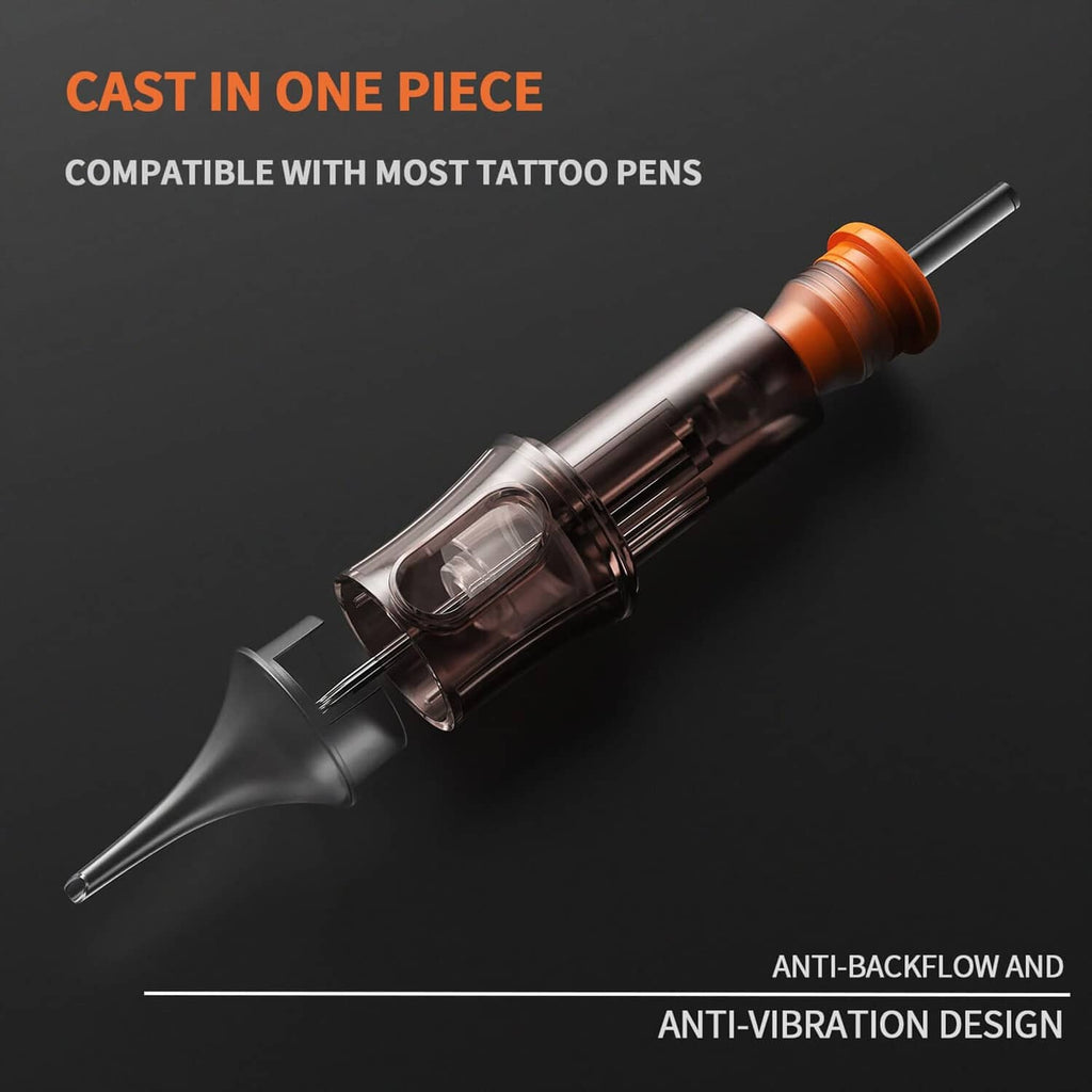 Clear-front black tattoo cartridge with orange ring and needle tip, angled view