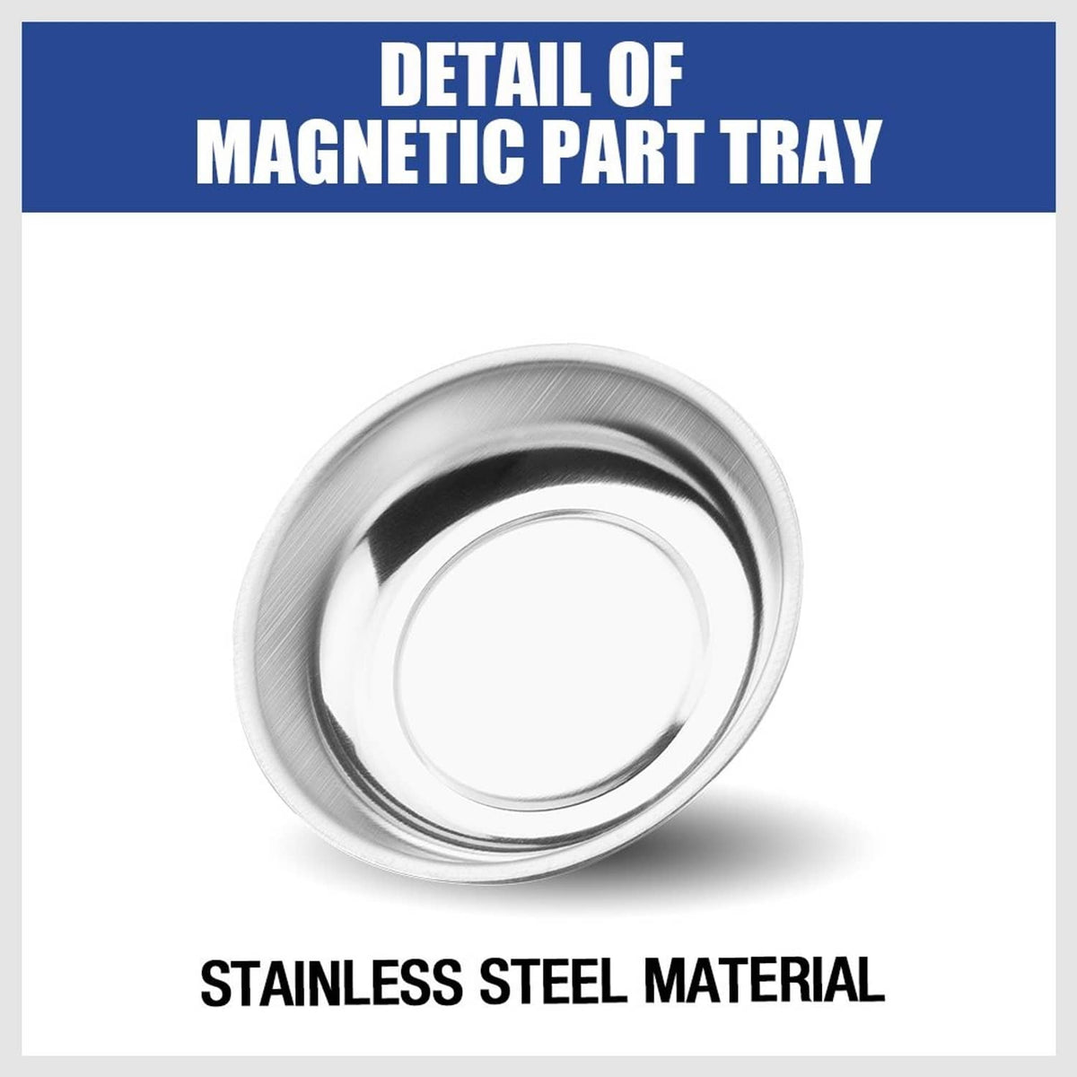 Round stainless-steel magnetic parts tray with raised rim, top view