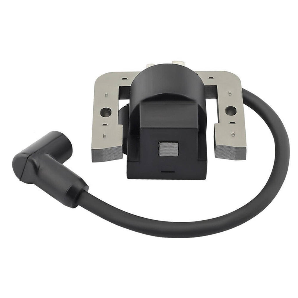 Ignition coil with black module and gray metal mounting bracket, connected by black wire