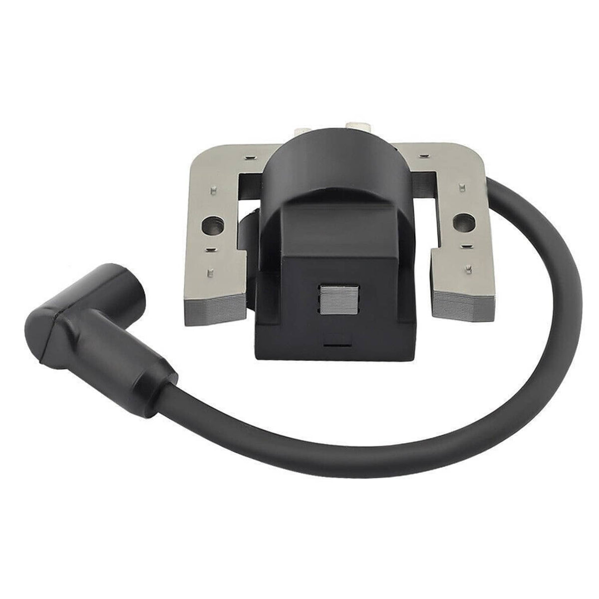 Ignition coil with black module and gray metal mounting bracket, connected by black wire