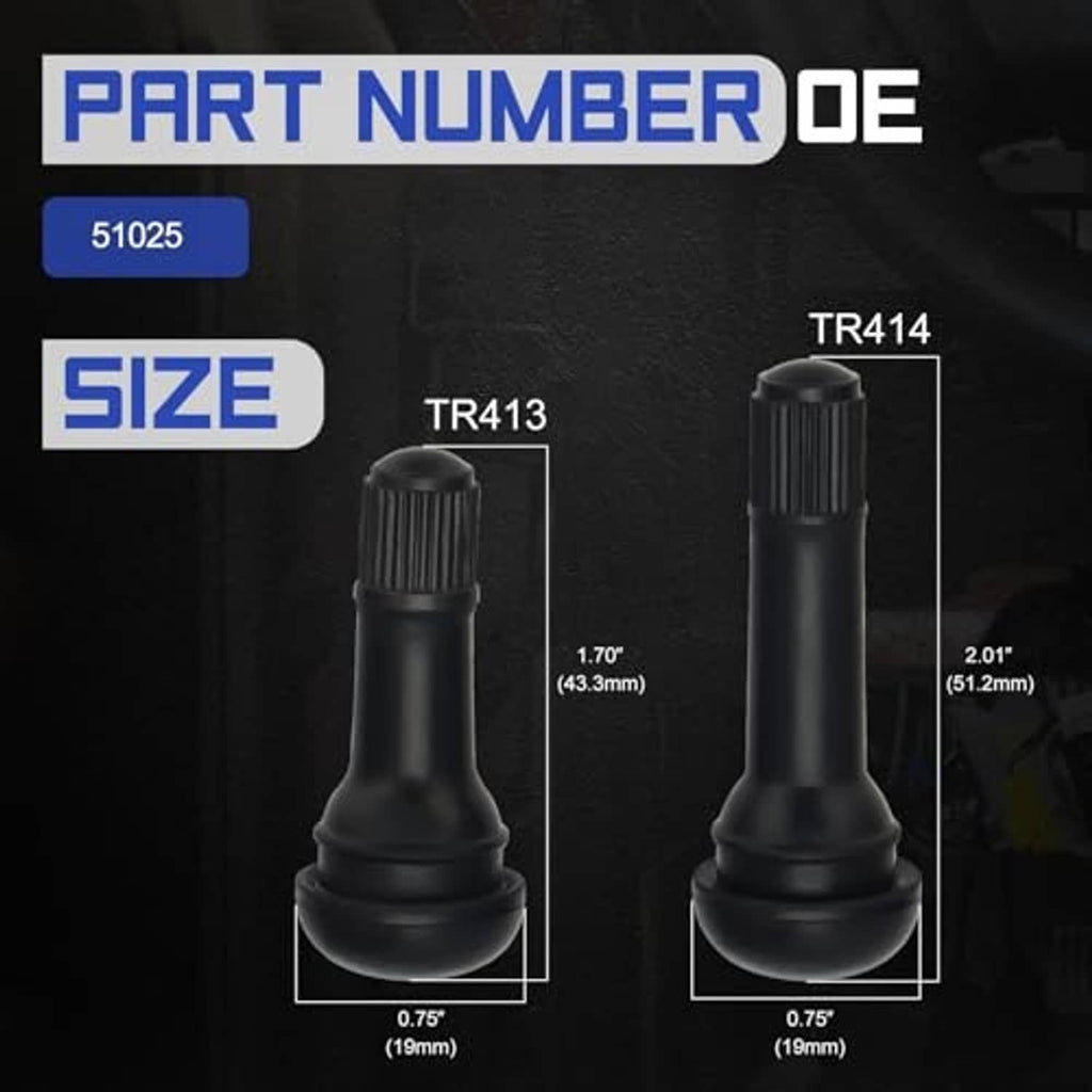 Two tire valve stem sizes shown: black TR413 and TR414 style valve stems