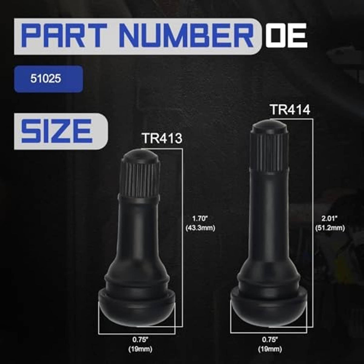Two tire valve stem sizes shown: black TR413 and TR414 style valve stems