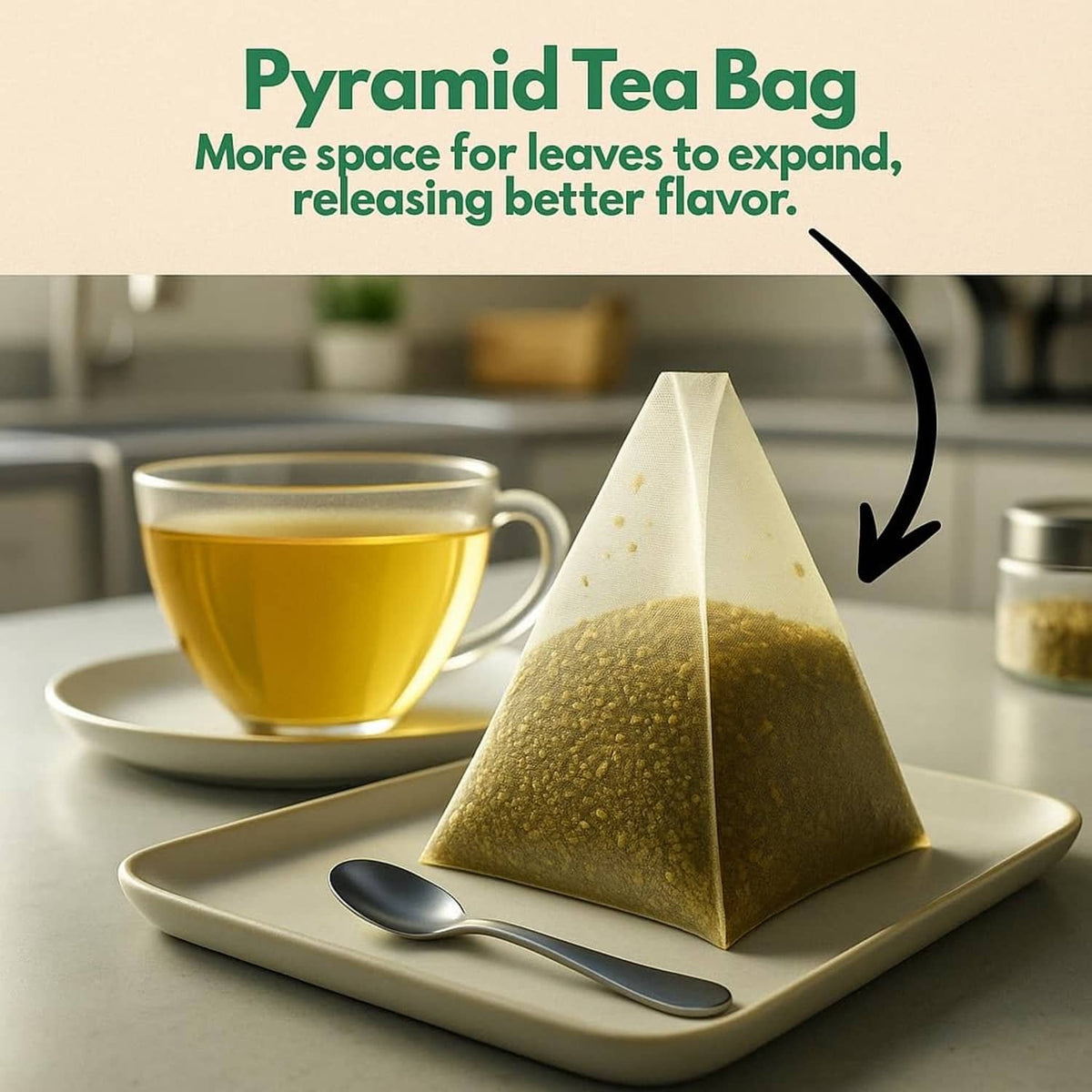 Pyramid tea bag brewing over a cup, tea leaves visible; “Pyramid Tea Bag” text overlay