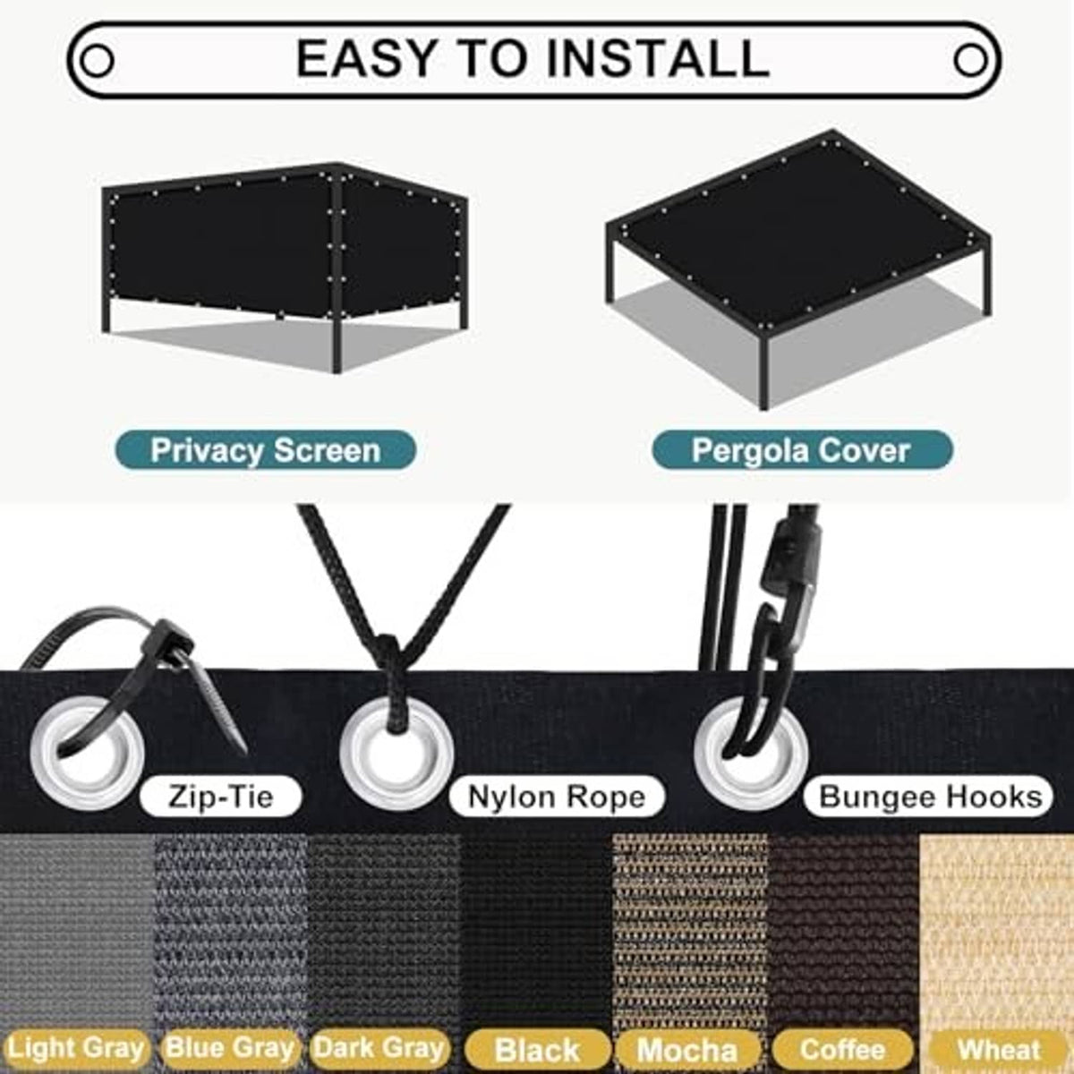Shade cloth setup kit: black panel with grommets plus nylon rope and bungee hooks.