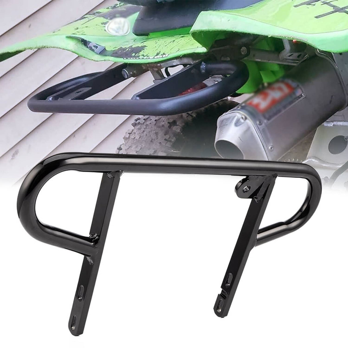 Black ATV rear wide grab bar with mounting brackets and curved handhold.