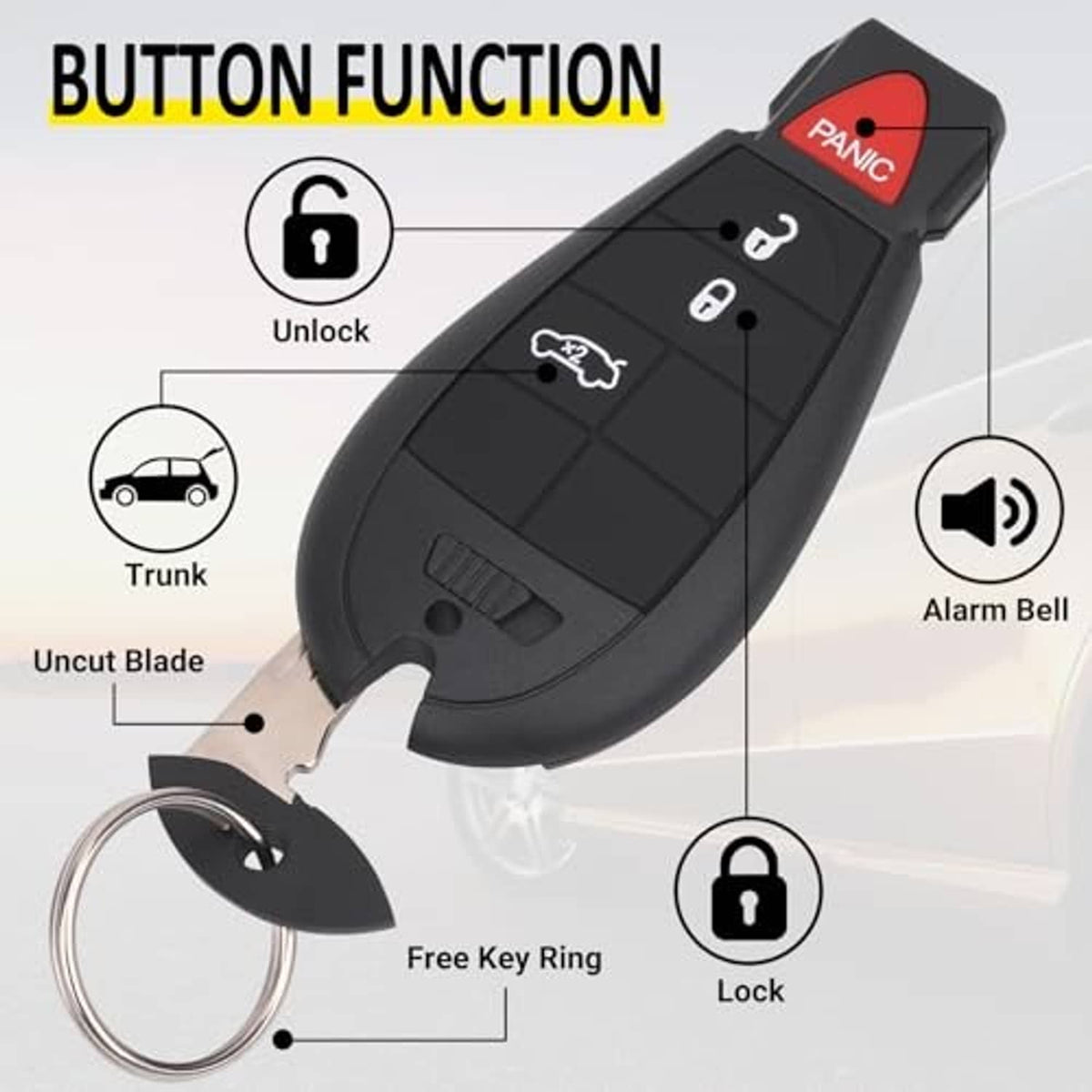 Black key fob remote with red PANIC button and multiple button icons