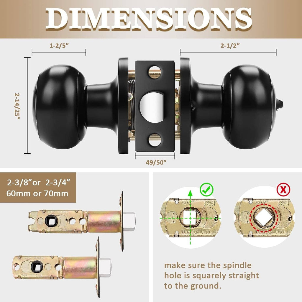 Black round door knob set with adjustable latch and spindle for standard doors