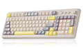 Ergonomic gaming keyboard with white keycaps, grey accents, and yellow key blocks