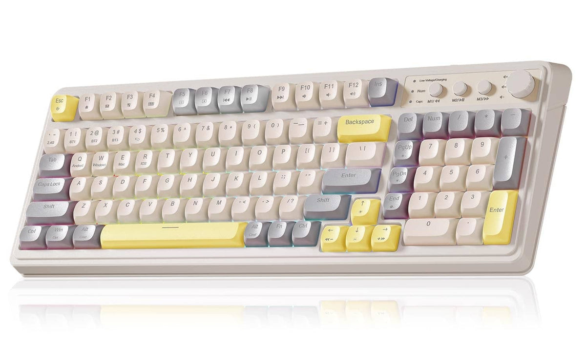 Ergonomic gaming keyboard with white keycaps, grey accents, and yellow key blocks