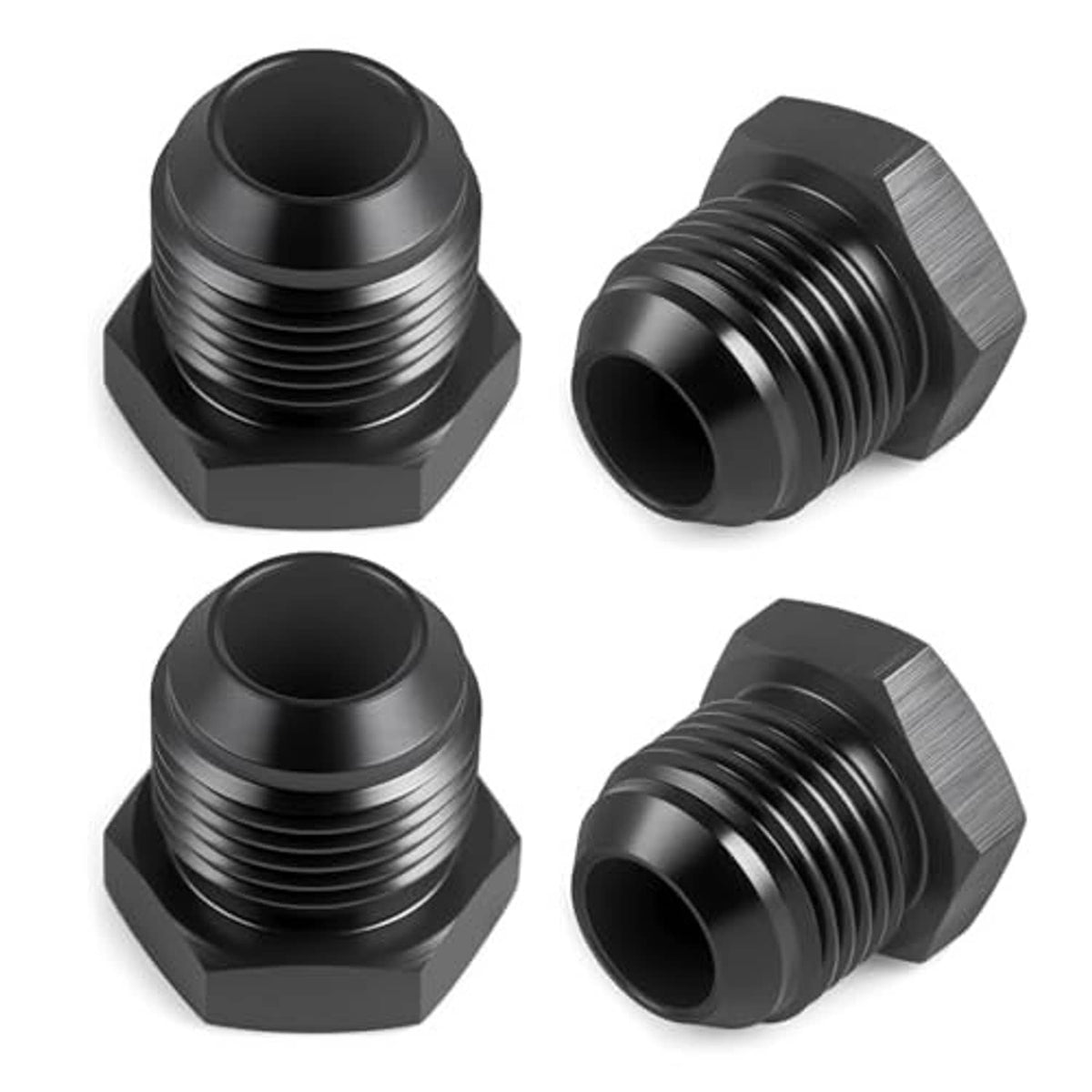 Set of black hex aluminum flare blanking plugs, ribbed threads and open ports.
