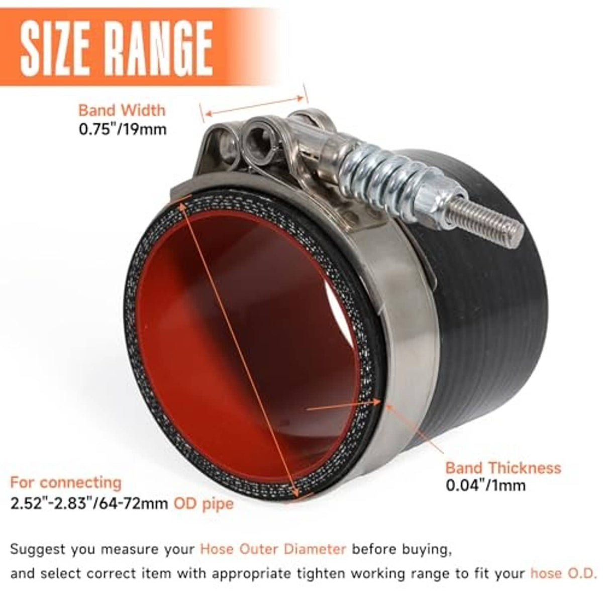 Adjustable stainless T-bolt hose clamp mounted on a hose for size fitting