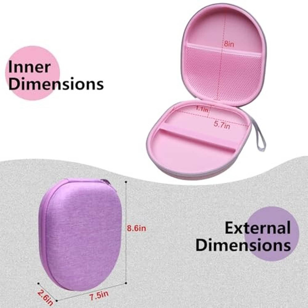 Pink oval headphone case with inner mesh lid and labeled external dimensions.