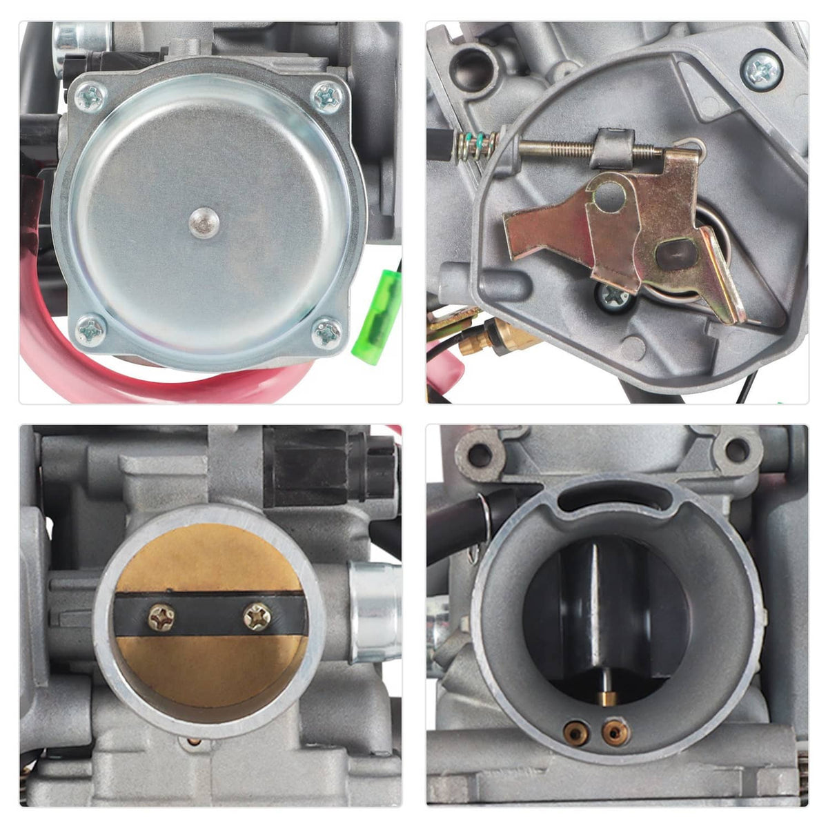Carburetor close-up details: throttle bore, housing, and mounting plate