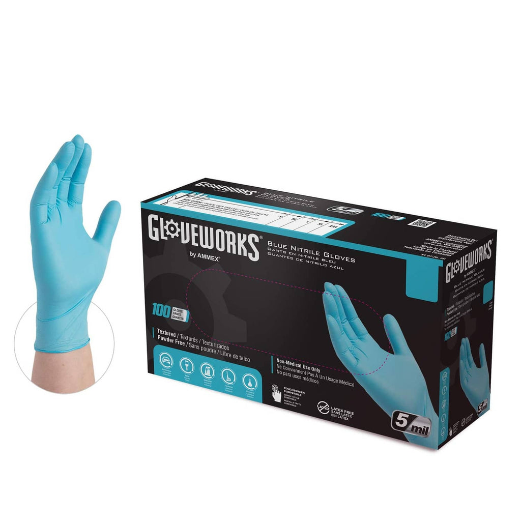 Blue nitrile glove and box packaging, 5 mil