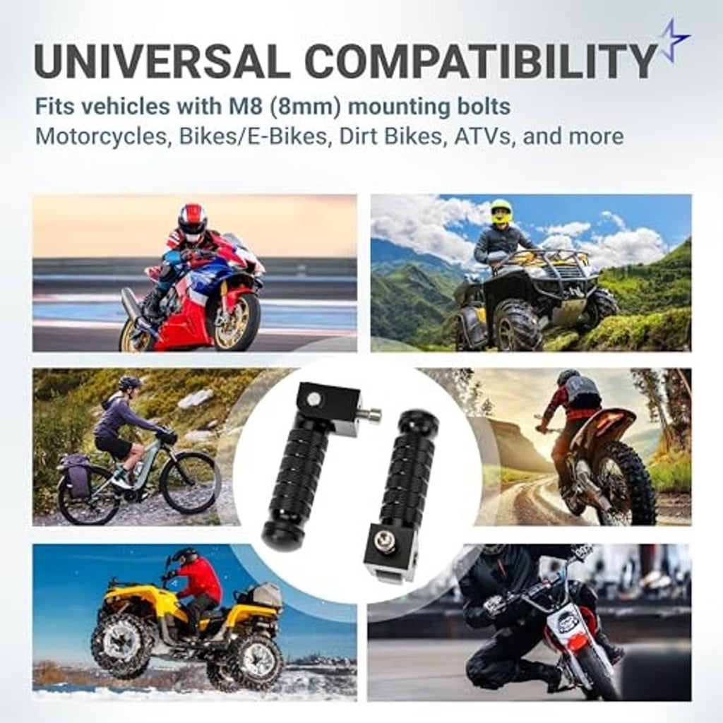Universal-fit motorcycle foot peg set with knurled grips and M8 mounting bolts