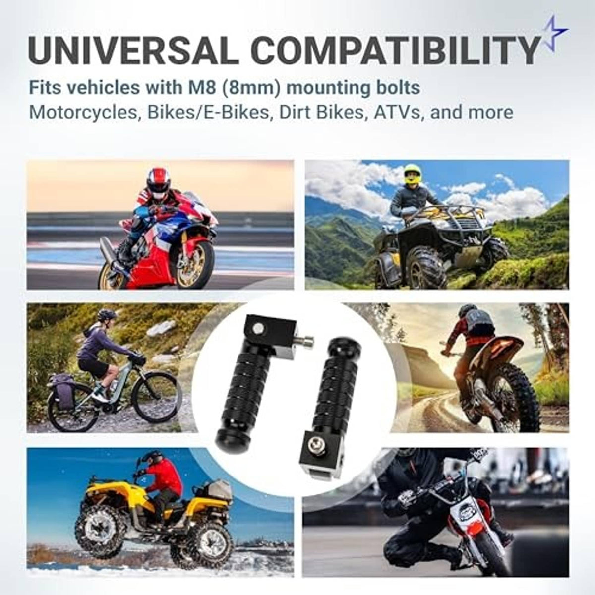 Universal-fit motorcycle foot peg set with knurled grips and M8 mounting bolts