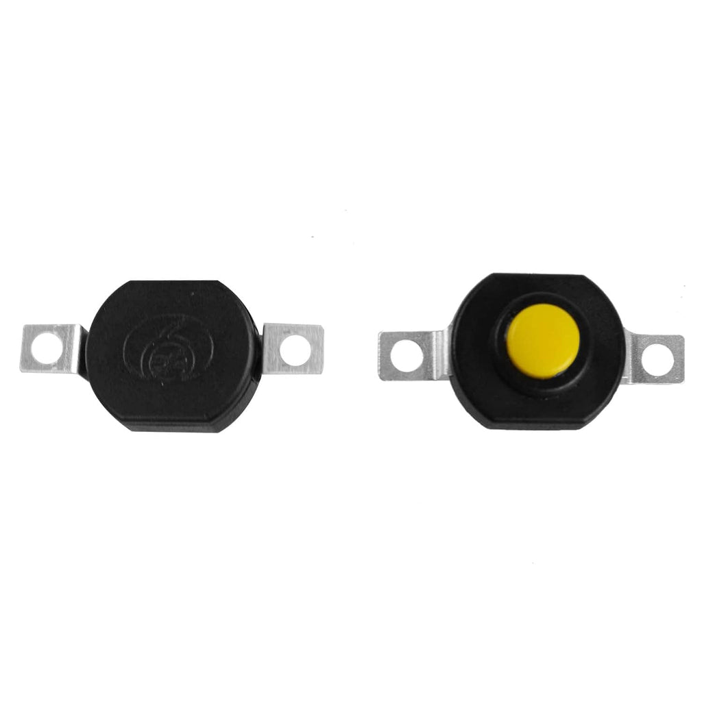 Two-pin mini push button switch, black housing with yellow button and metal mounting tabs