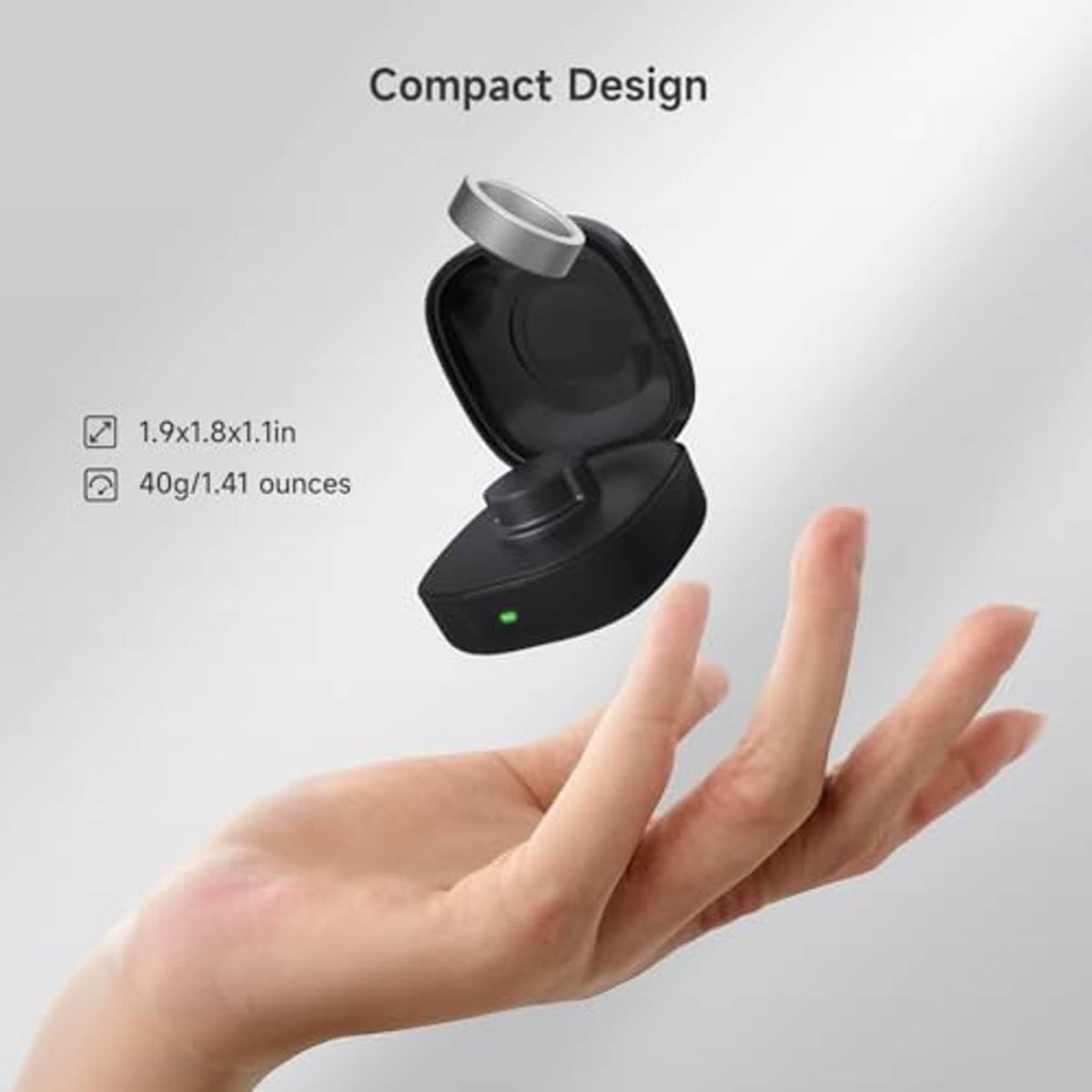 Black compact wireless charging case with open lid and metal charging ring