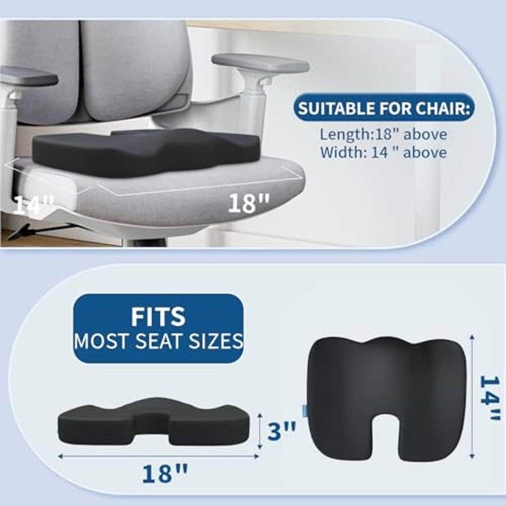 Black ergonomic seat cushion with contoured cutout for chair support