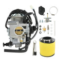Motorcycle carburetor assembly with black hoses, sensor, and yellow air filter