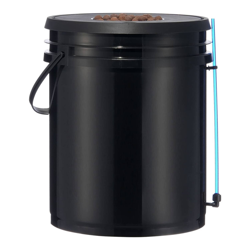 Black DWC hydroponic grow bucket with lid opening and attached air tubing