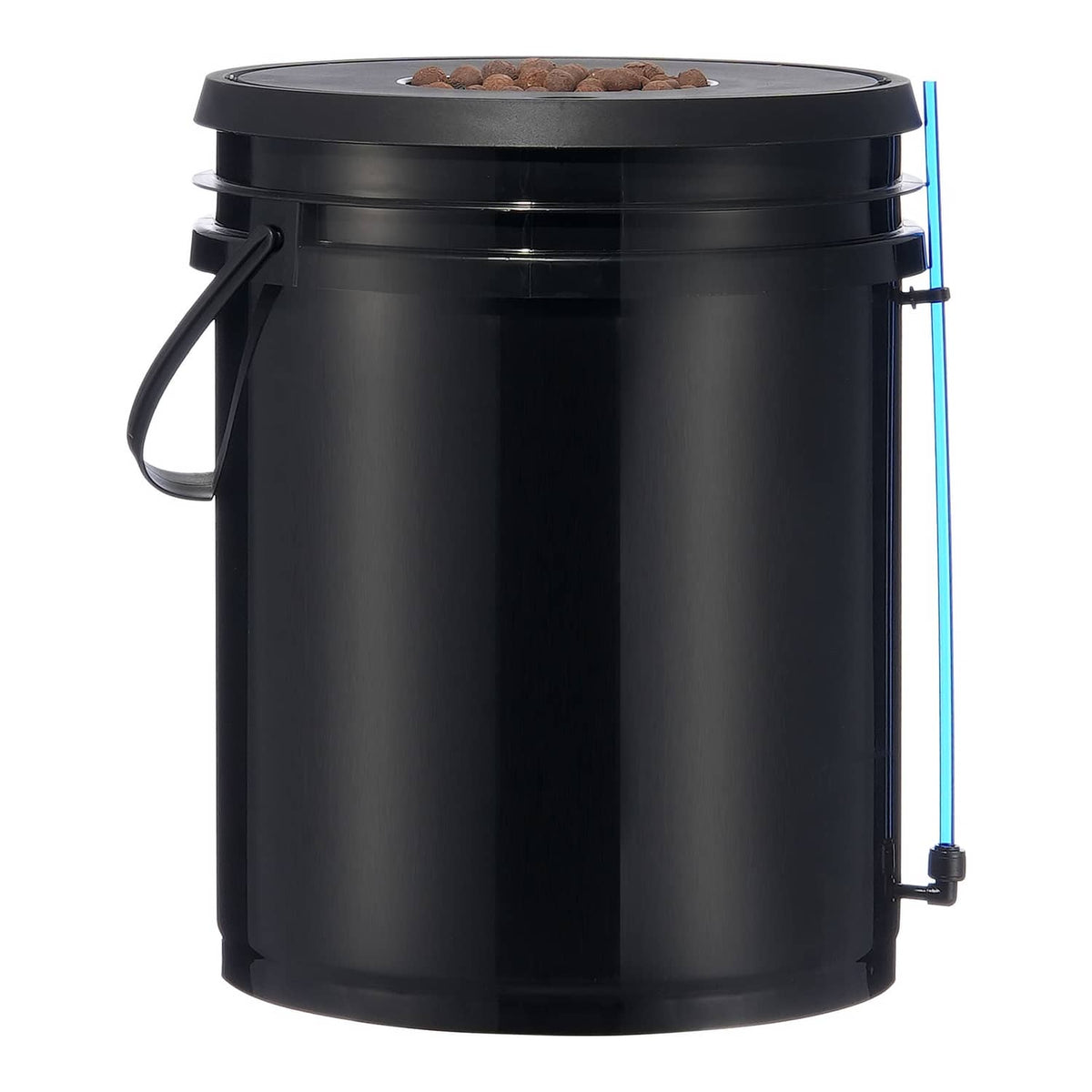 Black DWC hydroponic grow bucket with lid opening and attached air tubing