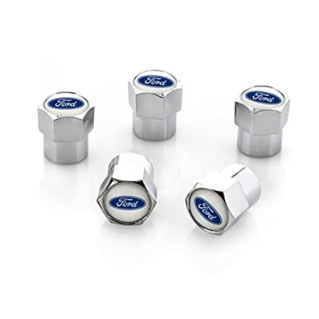 Chrome valve cap covers with blue Ford logo, hex-shaped fit on tire valve stems