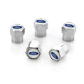Chrome valve cap covers with blue Ford logo, hex-shaped fit on tire valve stems