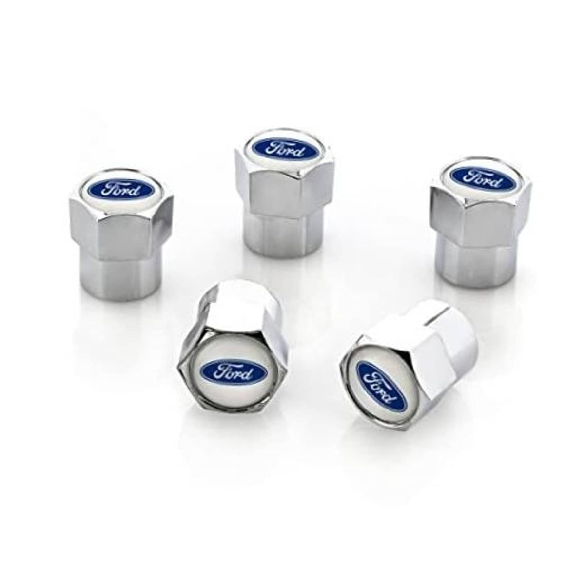 Chrome valve cap covers with blue Ford logo, hex-shaped fit on tire valve stems