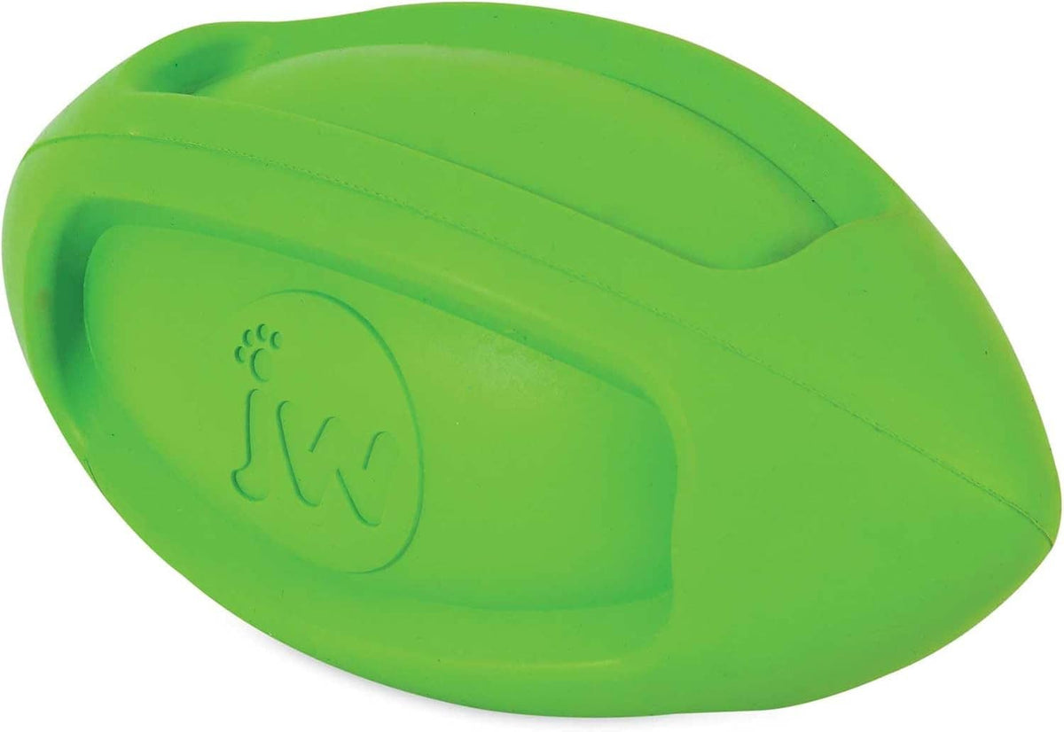 Green squeaky football toy with textured surface and raised logo