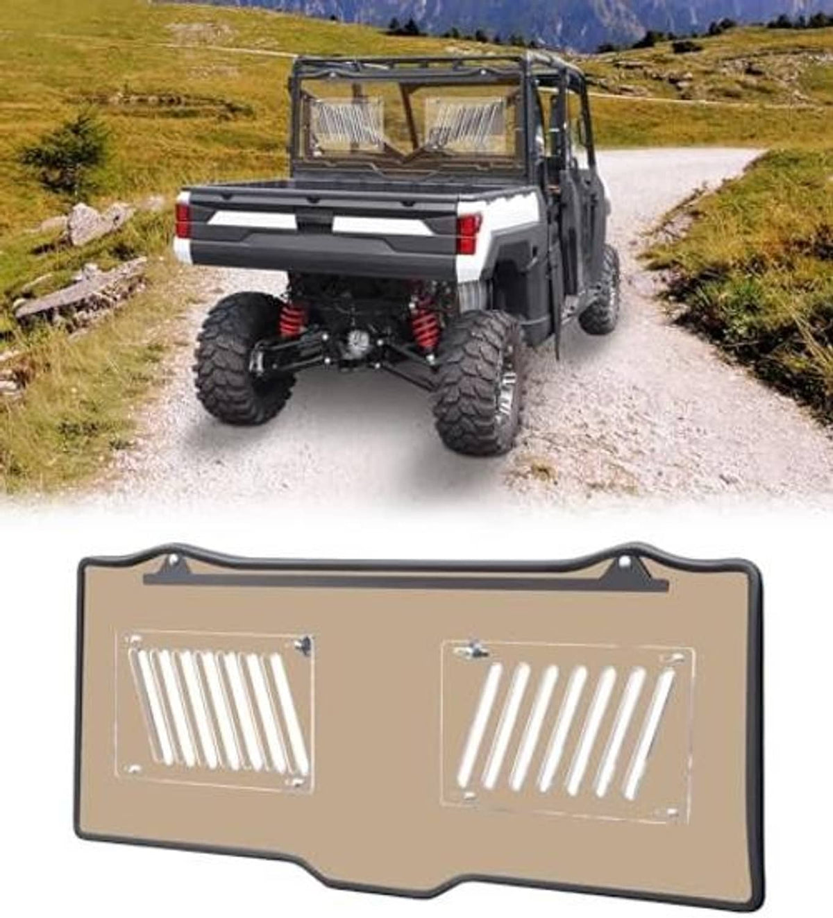 Vented tinted rear window panel with two rectangular vent grille openings and black frame