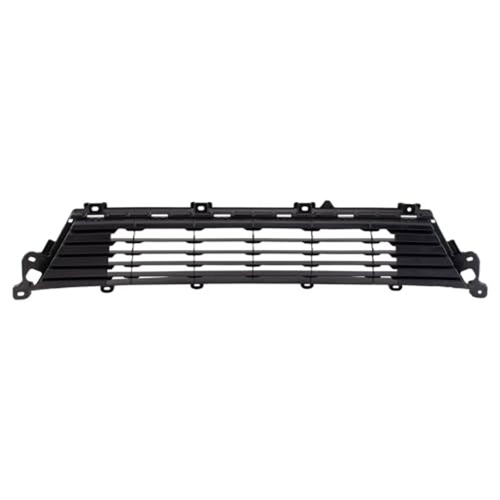 Front lower grille with black slats, silver bars, and central mounting clips