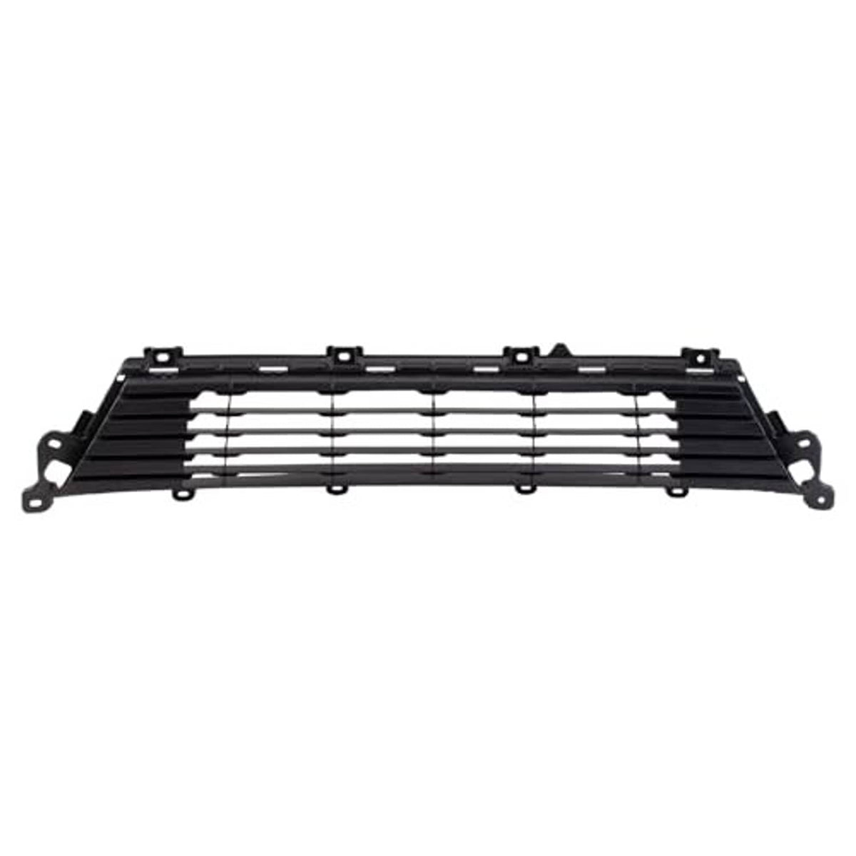 Front lower grille with black slats, silver bars, and central mounting clips