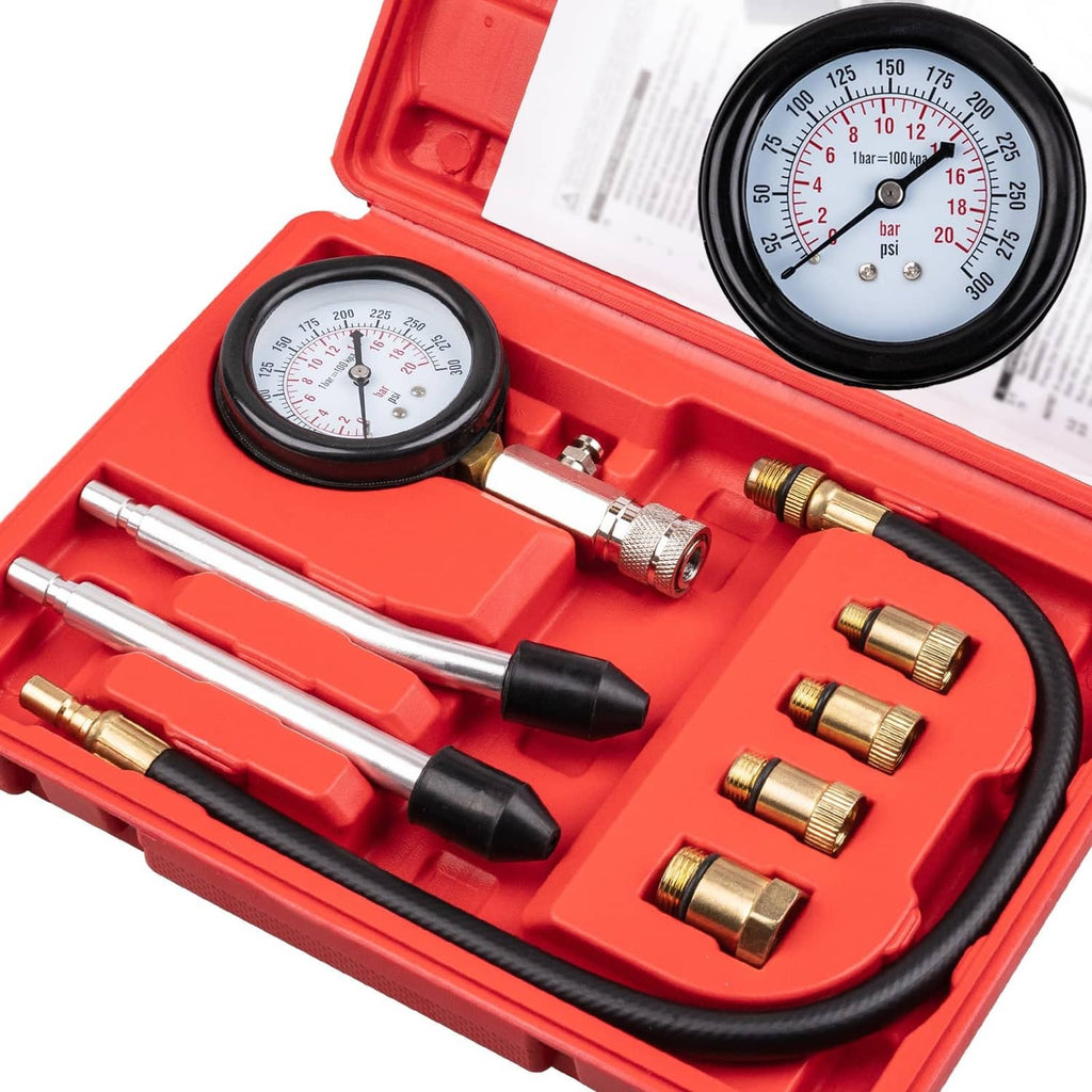 Petrol engine compression tester kit with red case and pressure gauge
