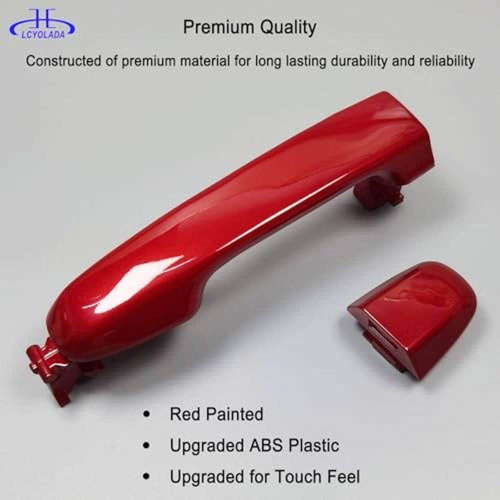 Red exterior door handle with matching red end cap, front right passenger side.