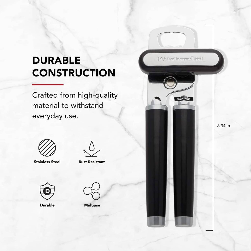 Black can opener with stainless steel, rust-resistant durable handle design