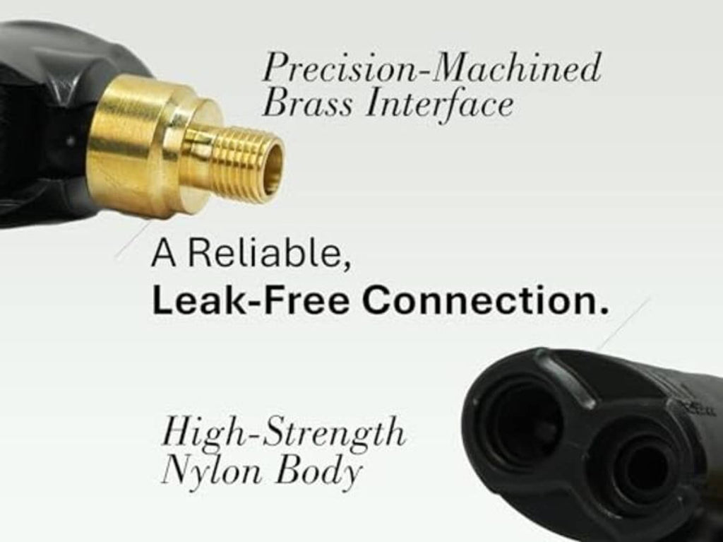 Brass interface and black nylon body of locking dual-head bicycle valve adapter
