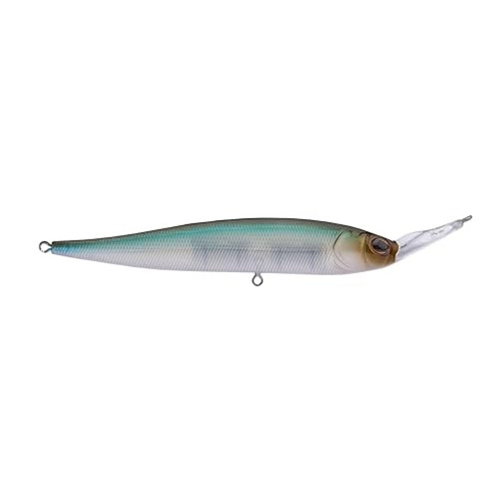Blue-green minnow fishing lure with treble hook and clear lip