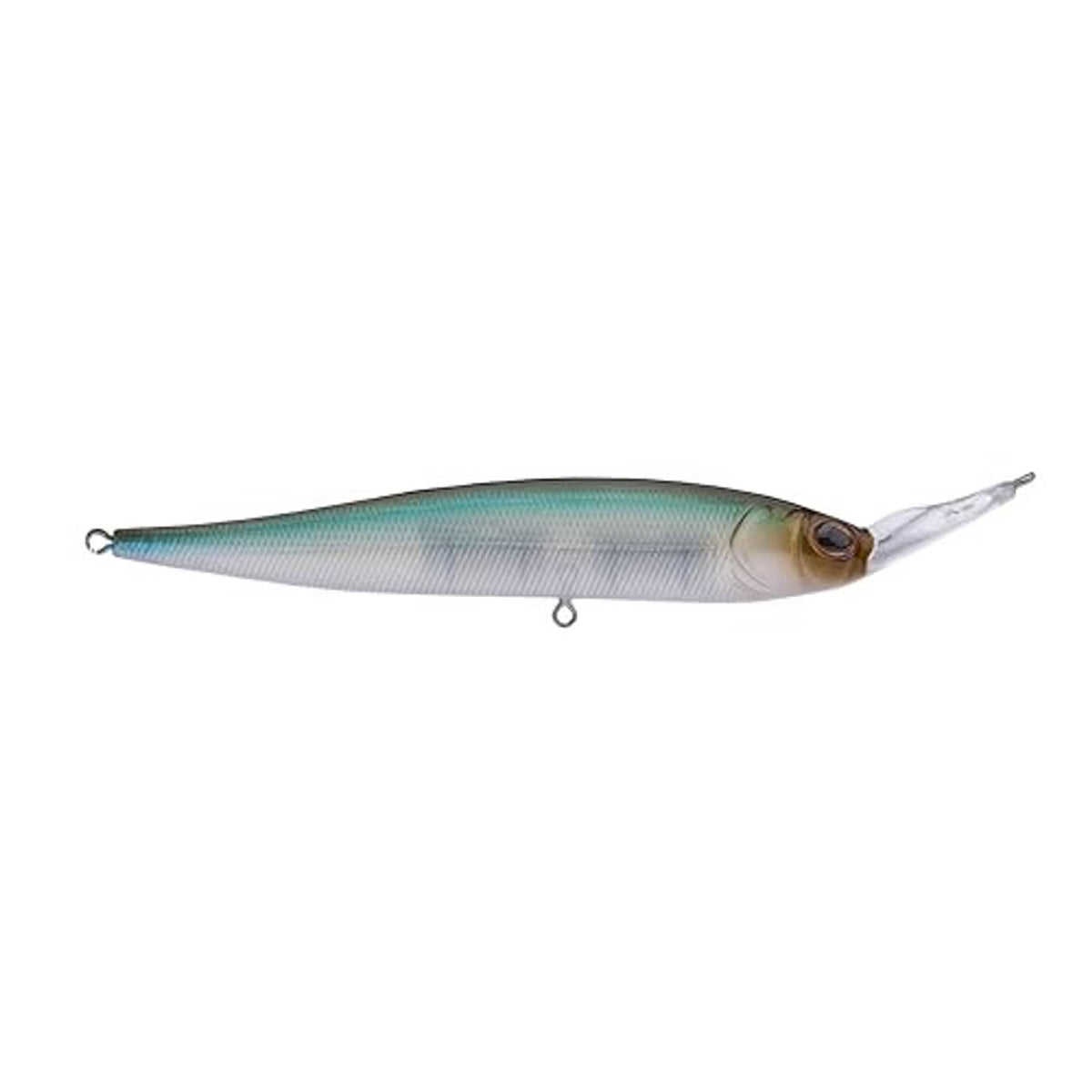 Blue-green minnow fishing lure with treble hook and clear lip