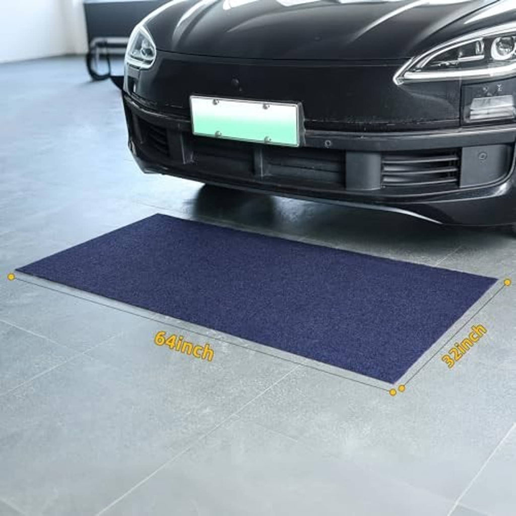 32x64 inch blue oil change mat under car front, flat non-slip surface on floor