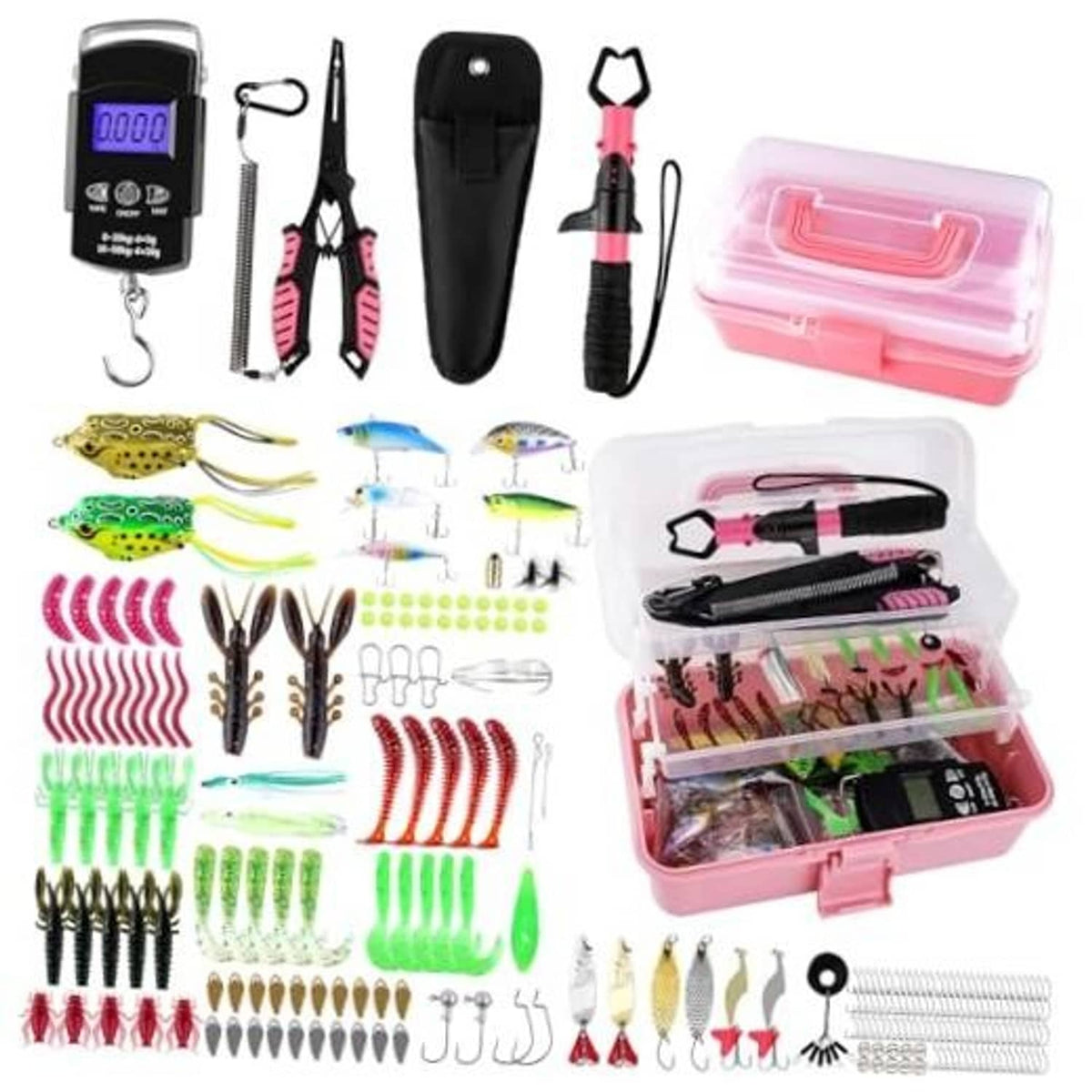 Pink 3-layer fishing tackle box with tools, clear lid, and digital scale