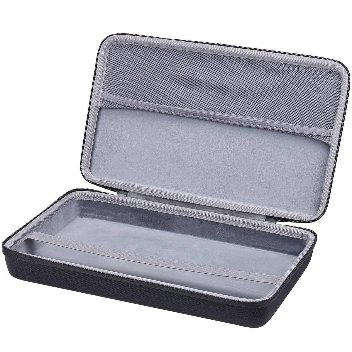 Hard keyboard case with padded gray interior lining, open lid
