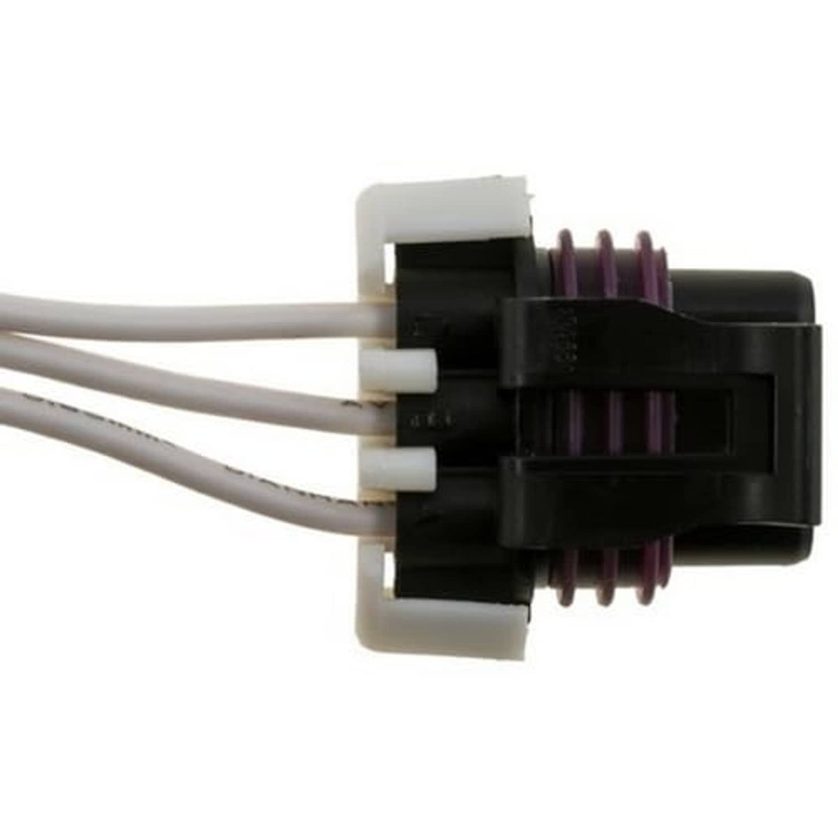Throttle body actuator wiring pigtail connector rear view with gray leads and purple wire cores