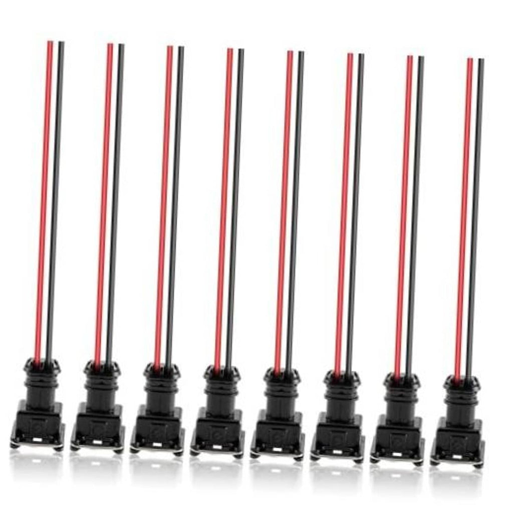 Fuel injector pigtail harness with black connectors and red/white wires